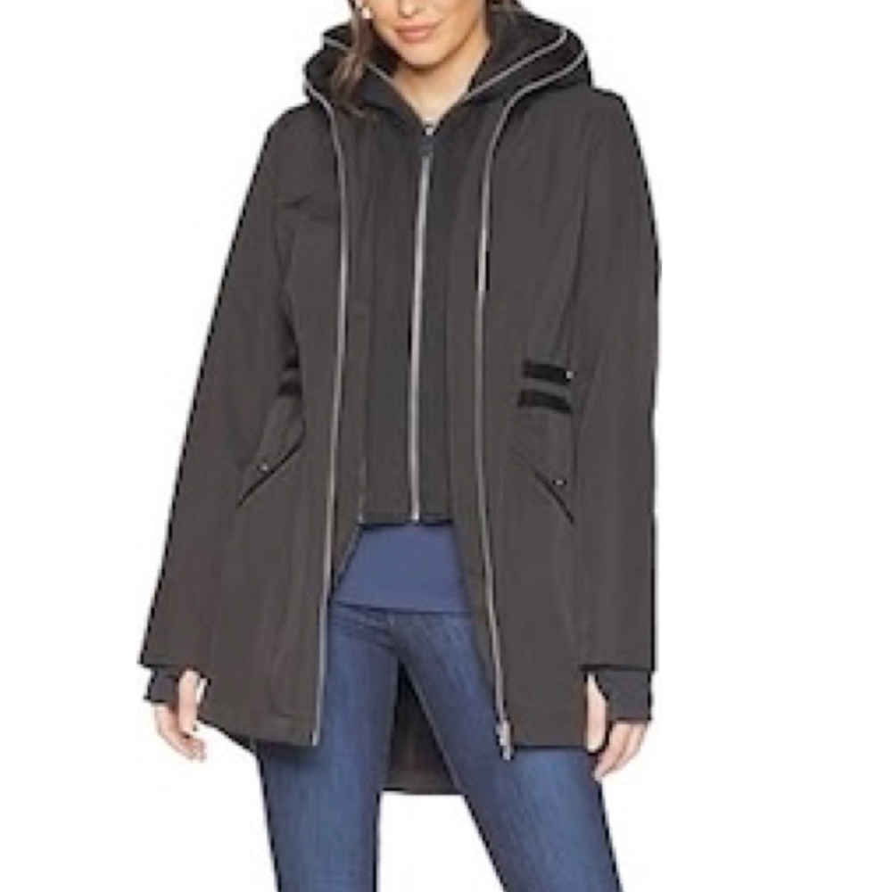 French Connection Black Hooded 2-in-1 Fleece Lined Rain Trench Coat Softshell